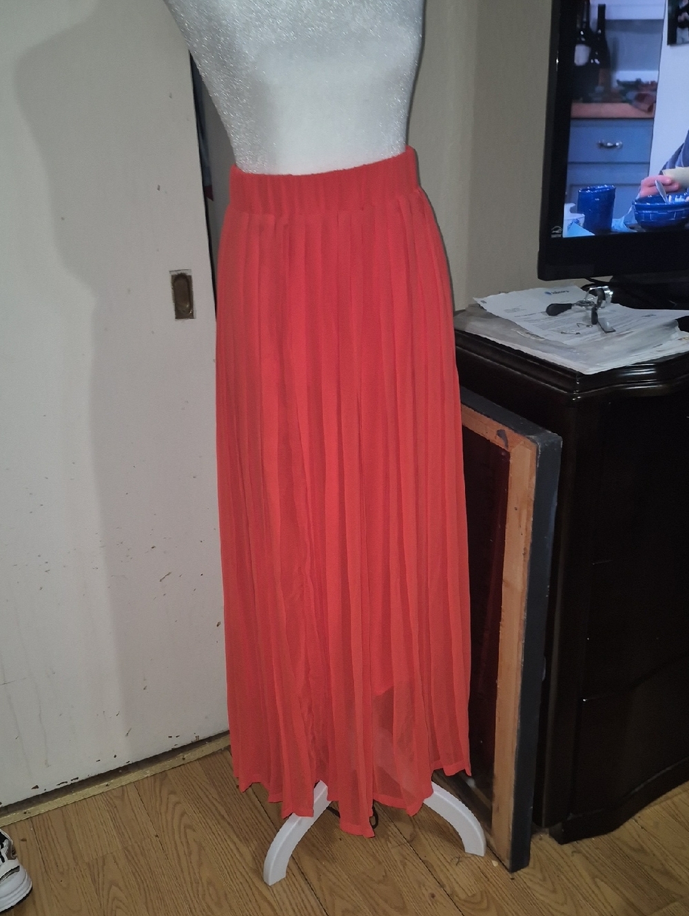 Collective Concepts Bright Orange Pleated Maxi Skirt. Lightweight Women's Skirt